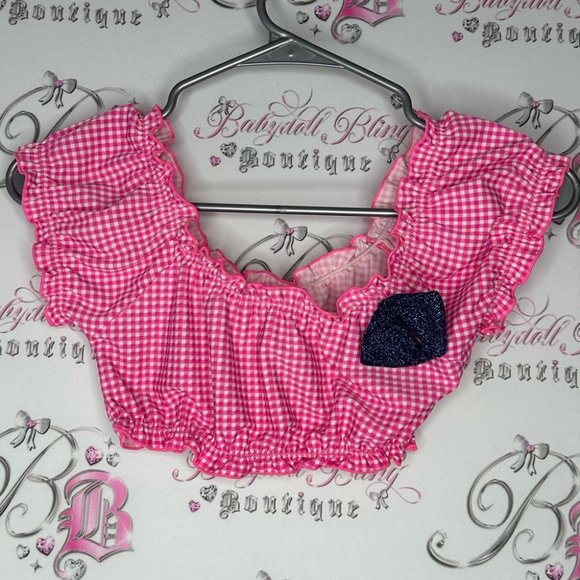 Tank crop milkmaid style bathing suit material pink Gingham Babydoll Top - Picture 6 of 6